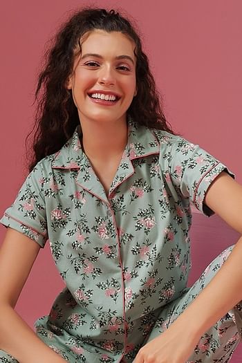 Front listing image for Floral Print Button-Down Shirt & Pyjama Set in Light Green - 100% Cotton