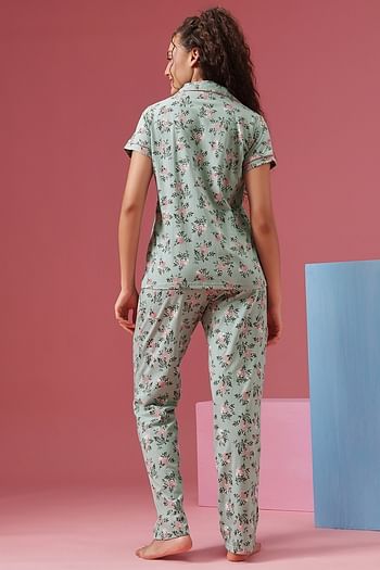 Back listing image for Floral Print Button-Down Shirt & Pyjama Set in Light Green - 100% Cotton