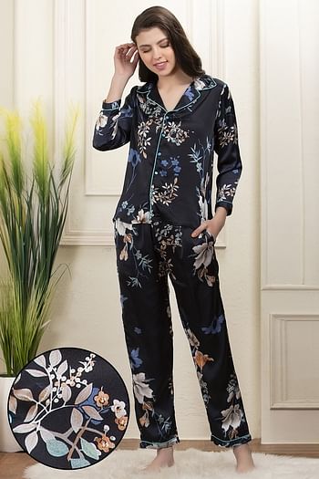 Back listing image for Floral Frenzy Button Down Shirt & Pyjama in Blue- Satin
