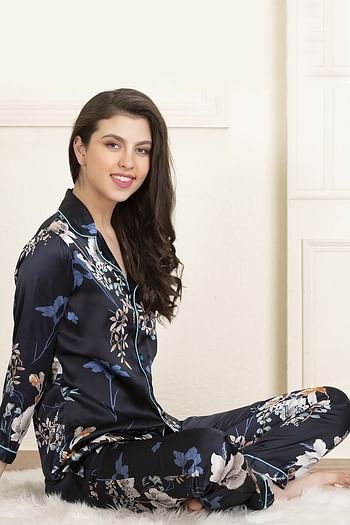 Front listing image for Floral Frenzy Button Down Shirt & Pyjama in Blue- Satin