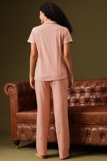 Back listing image for Floral-Print Button-Down Shirt & Pyjama Set in Peach Colour - 100% Cotton
