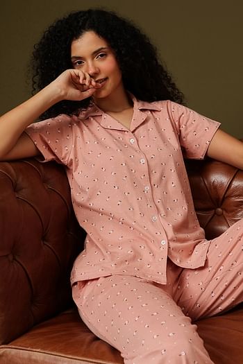 Front listing image for Floral-Print Button-Down Shirt & Pyjama Set in Peach Colour - 100% Cotton