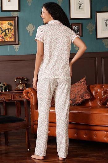 Back listing image for Floral Print Button-Down Shirt & Pyjama Set in White - 100% Cotton