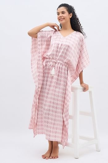 Front listing image for Printed Long Kaftan in Light Pink - Satin