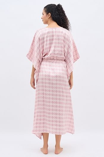 Back listing image for Printed Long Kaftan in Light Pink - Satin