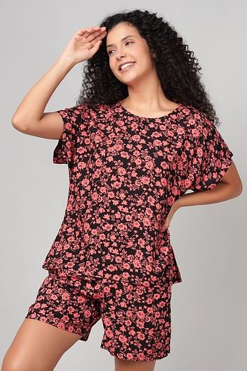 Front listing image for Floral Print Top & Shorts Set in Black - Rayon