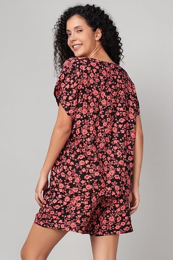 Back listing image for Floral Print Top & Shorts Set in Black - Rayon