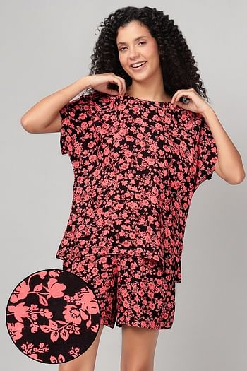 Front listing image for Floral Print Top & Shorts Set in Black - Rayon