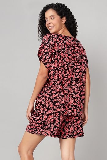 Back listing image for Floral Print Top & Shorts Set in Black - Rayon