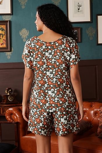 Back listing image for Floral Print Top & Shorts Set in Dark Green - Rayon