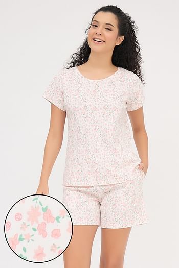 Front listing image for Floral-Print Top & Shorts Set in White - 100% Cotton