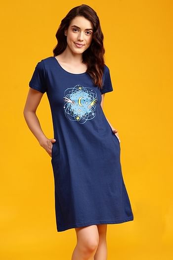 Front listing image for Graphic Print Short Night Dress in Navy Colour - 100% Cotton