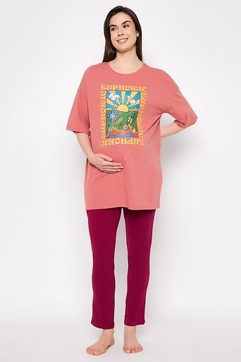 Front listing image for Graphic Print Oversized T-shirt in Peach Colour & Chic Basic Maternity Leggings in Maroon