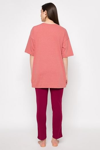 Back listing image for Graphic Print Oversized T-shirt in Peach Colour & Chic Basic Maternity Leggings in Maroon