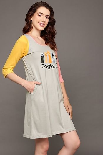 Back listing image for Graphic Print Colourblocked Long Sleep Tee in Grey - 100% Cotton
