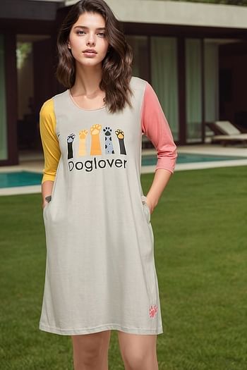 Front listing image for Graphic Print Colourblocked Long Sleep Tee in Grey - 100% Cotton