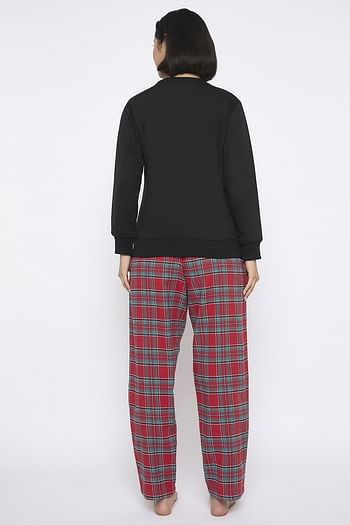 Back listing image for Graphic Print Sweatshirt in Black & Checkered Pyjama in Red