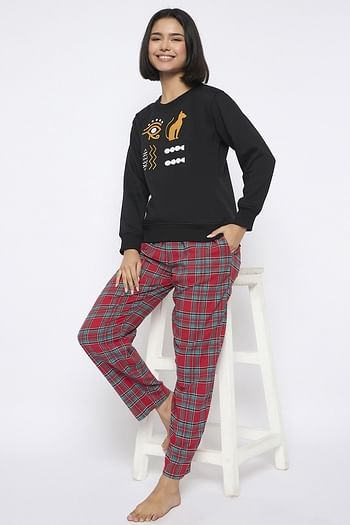 Front listing image for Graphic Print Sweatshirt in Black & Checkered Pyjama in Red