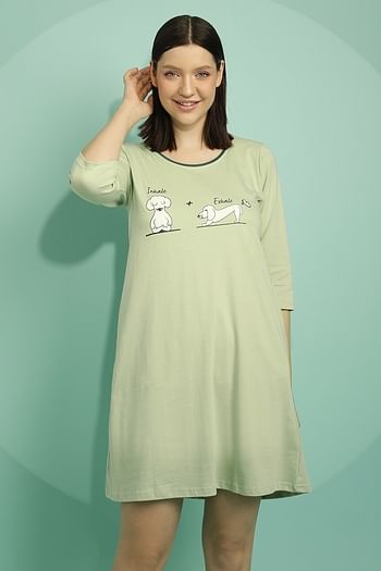 Front listing image for Graphic & Text Print Night Dress in Mint Green - 100% Cotton