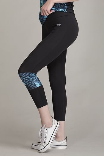 Back listing image for Active Capri Tights with Printed Panel & Waistband Zipper in Black