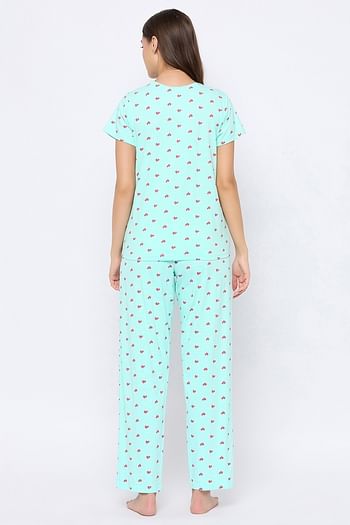Back listing image for Heart Print Top & Pyjama Set in Baby Blue - 100% Cotton