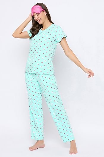 Front listing image for Heart Print Top & Pyjama Set in Baby Blue - 100% Cotton