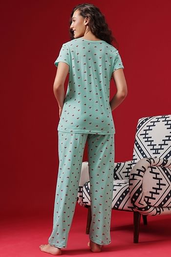 Back listing image for Heart Print Top & Pyjama Set in Baby Blue - 100% Cotton