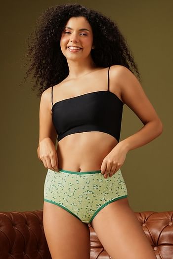 Front listing image for High Waist Floral Print Hipster Panty in Pistachio Green - Cotton