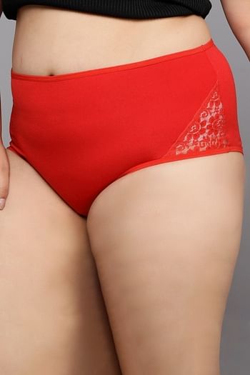 Back listing image for High Waist Hipster Panty in Red with Lace Panels - Cotton	