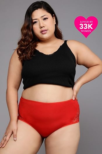 Front listing image for High Waist Hipster Panty in Red with Lace Panels - Cotton	