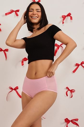 Front listing image for High Waist Hipster Panty in Baby Pink with Powernet Panels - Cotton