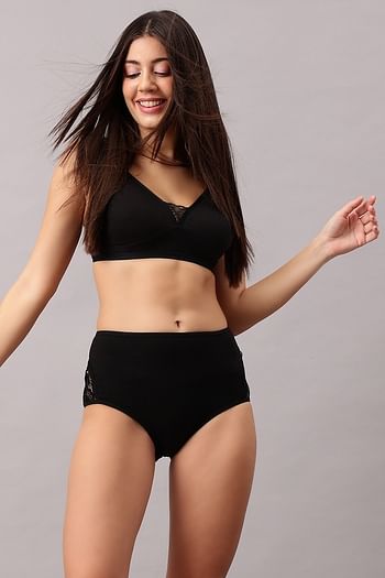 Back listing image for High Waist Hipster Panty with Lace Panels in Black- Cotton