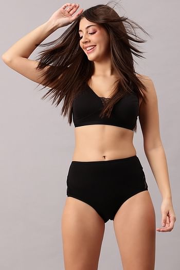 Front listing image for High Waist Hipster Panty with Lace Panels in Black- Cotton