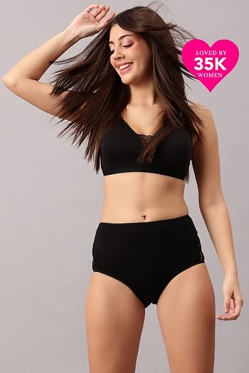 Front listing image for High Waist Hipster Panty with Lace Panels in Black- Cotton