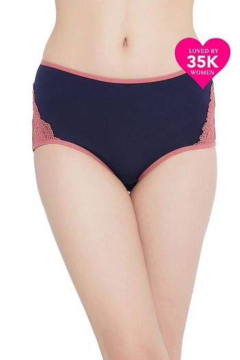 Front listing image for High Waist Hipster Panty with Lace Inserts in Navy- Cotton & Lace