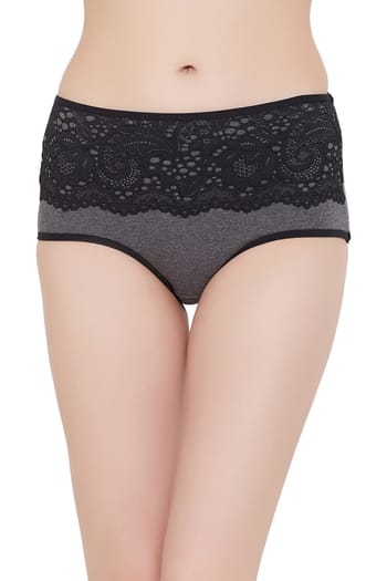Clovia High Waist Hipster Panty with Lace Waist in Charcoal Black - Cotton