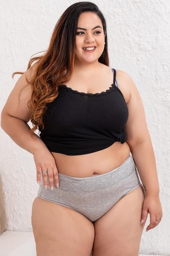 Clovia High Waist Hipster Panty with Lace Waist in Grey - Cotton & Lace