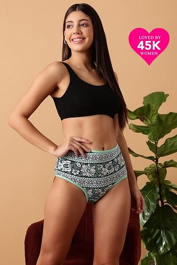 Front listing image for High Waist Floral Print Hipster Panty in Green - Cotton