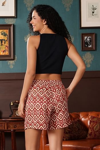 Back listing image for Ikat Print Shorts in Brick Red - Rayon