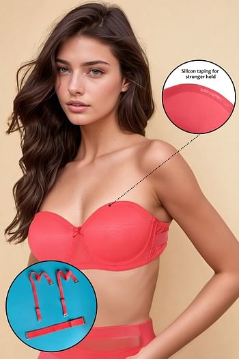 Front listing image for Invisi Padded Underwired Full Coverage Strapless Bra in Red with Transparent & Material Straps & Bands