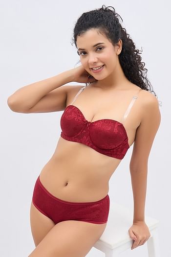 Front listing image for Invisi Padded Wired Full Coverage Strapless Backless Bra & Mid Waist Hipster Panty in Maroon - Lace	
