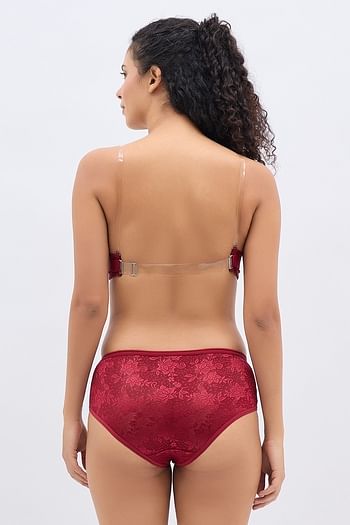 Back listing image for Invisi Padded Wired Full Coverage Strapless Backless Bra & Mid Waist Hipster Panty in Maroon - Lace	