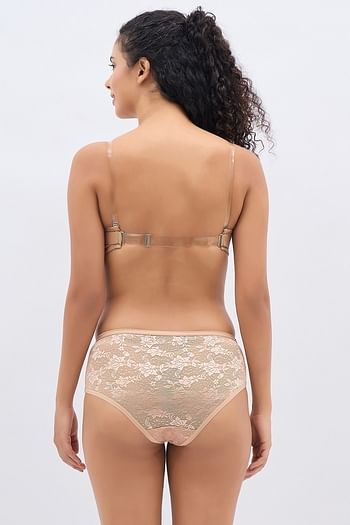 Back listing image for Invisi Padded Wired Strapless Balconette Bra & Mid Waist Hipster Panty in Nude Colour - Lace	