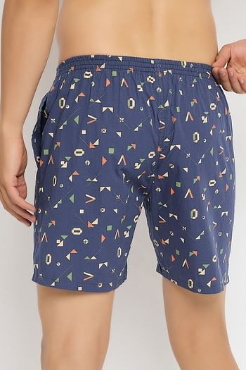 Back listing image for John Players 3 Pocket Printed Boxer in Dark Blue - 100% Cotton	