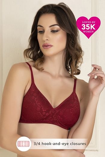 Front listing image for Lace Padded Non-Wired Full Coverage Bra In Red