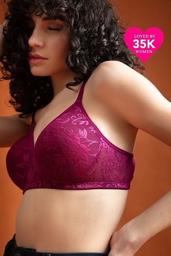 Front listing image for Lace Padded Non-Wired Full Coverage Bra in Purple
