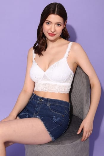 Clovia Padded Non-Wired Full Cup Longline Bralette in White - Lace