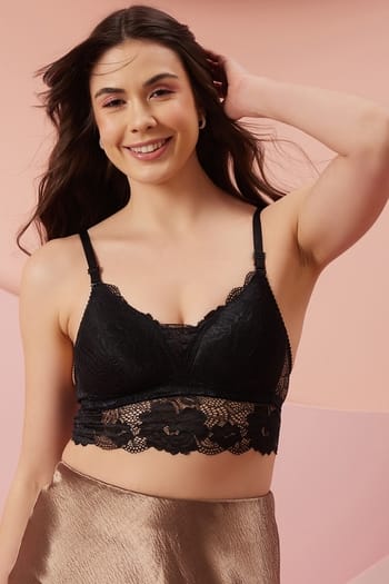Clovia Padded Non-Wired Full Coverage Multiway Longline Bralette in Black - Lace