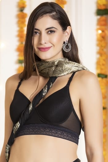 Clovia Padded Non-Wired Full Coverage Longline Bralette in Black - Lace