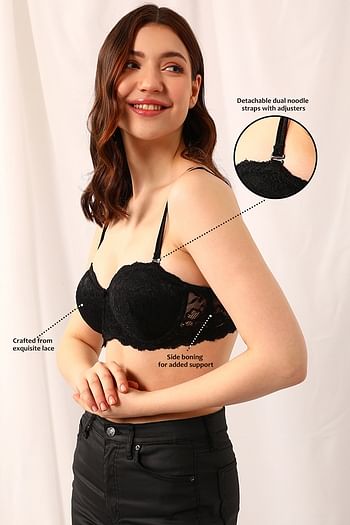 Back listing image for Padded Underwired Full Coverage Multiway Strapless Bra in Black with Balconette Style - Lace